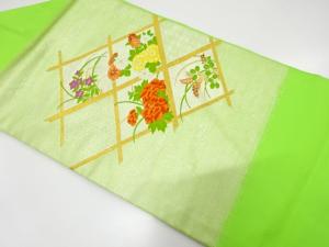 竹格子に牡丹・菊・秋草模様織り出し　名古屋帯